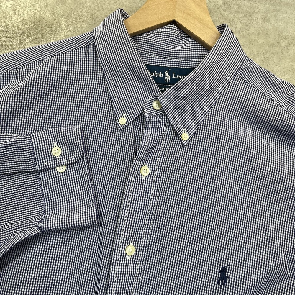Ralph Lauren Shirt Mens Classic Fit 17.5 32/33 Blue White Check Button Down VTG